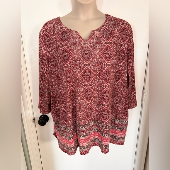 Catherine’s 3X Women’s Tunic Flowing pink red mandala bling top 3/4 sleeve #1705 - Picture 1 of 7